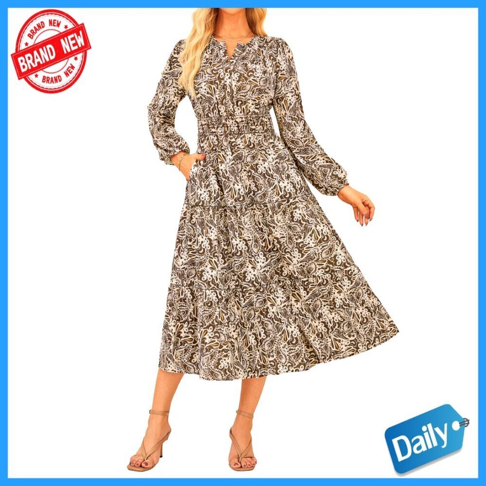 Long Sleeve Maxi Dress with Pockets Floral Boho A-Line Wedding Guest